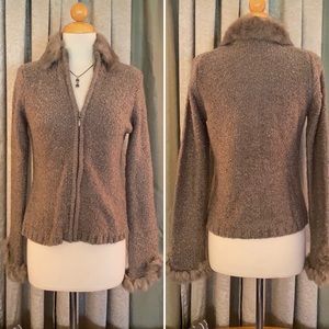 Escapade Petite Rabbit Fur Trim Cardigan Sweater